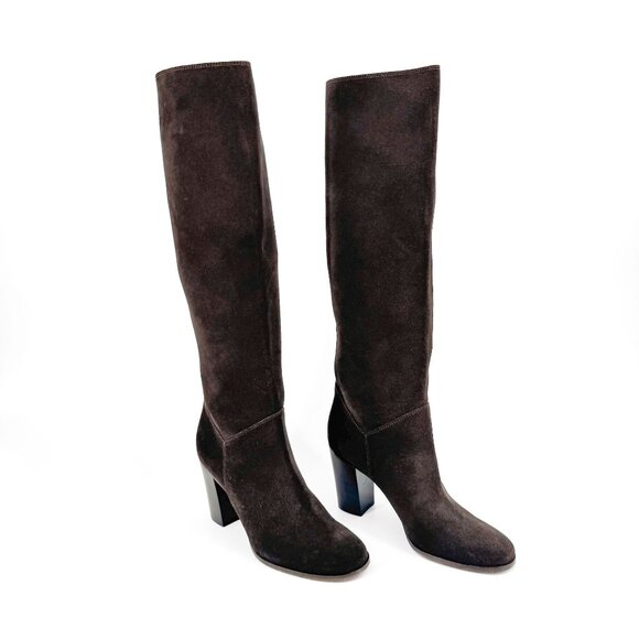 Chanel CC Dark Brown Suede Knee High Riding Boots Block Heel Size 37 US 6-6.5 - Picture 1 of 13